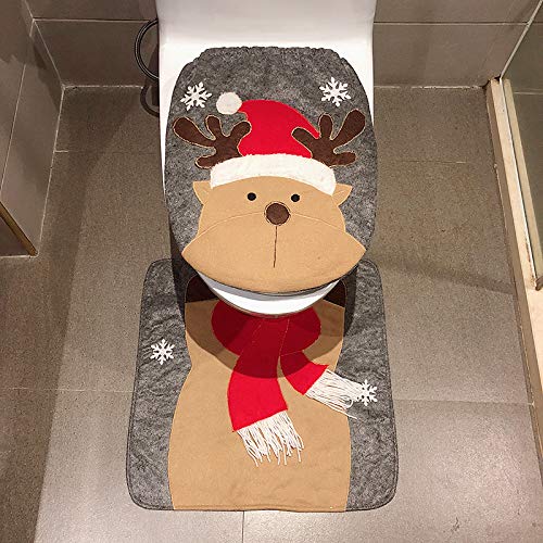 Manicer 2 Pieces Christmas Bath Rug Set, Christmas Elk Bathroom U-Shaped Contour Rug Mat and Toilet Seat Lid Cover for Xmas Bathroom Decorations - Christmas Elk - Thumbnail 2