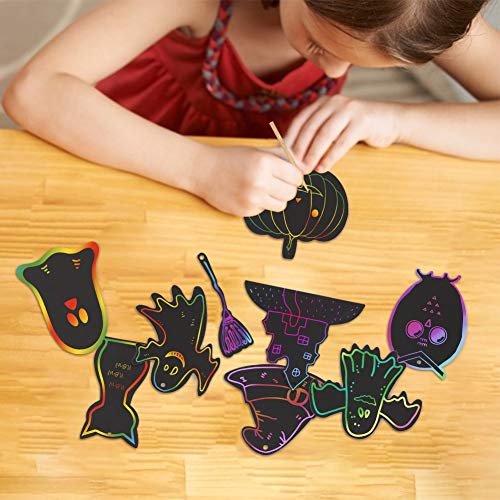 Koogel 48PCS Halloween Scratch Paper, 16 Styles Scratch Halloween Craft Halloween Scratch Art Halloween Craft Kit for Halloween DIY Creation Party Decoration Halloween Handicrafts