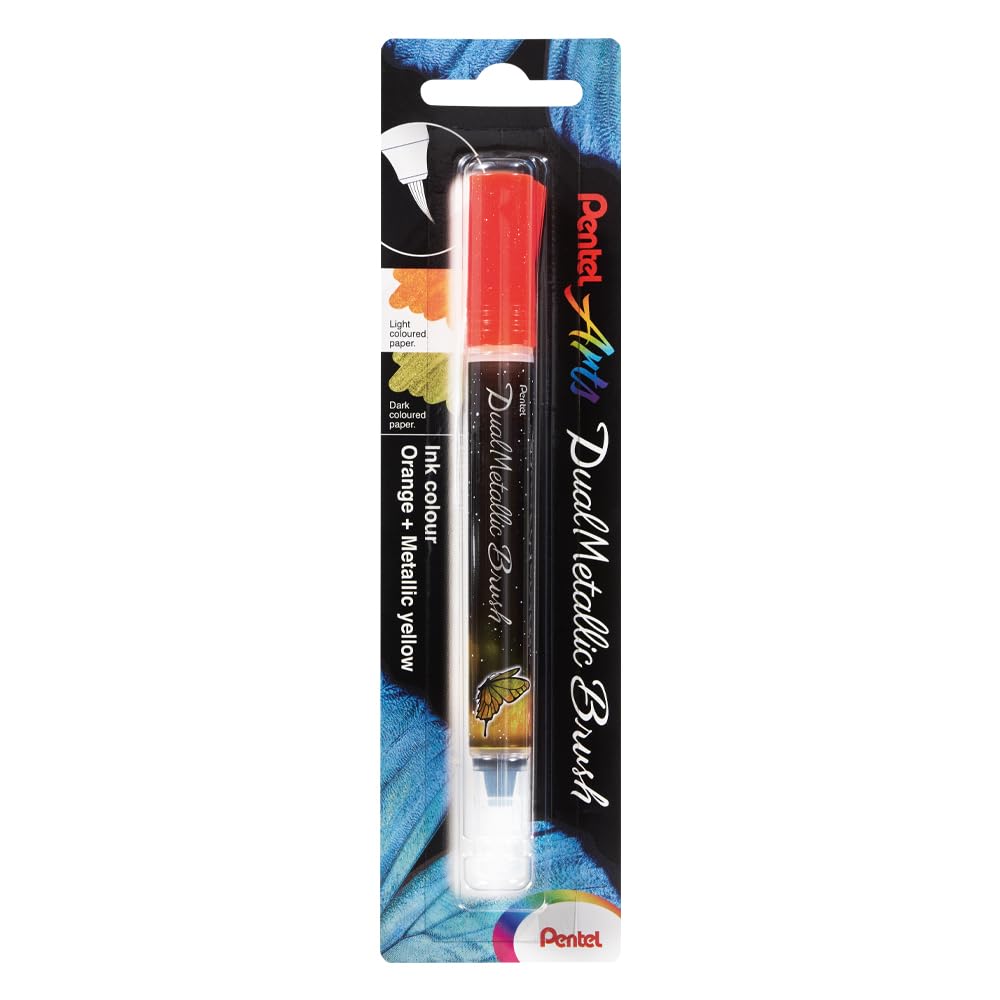 Pentel XGFH-DFX Dual Metallic Brush Pen Filled With Depending on Paper Colour, Iridescent Glitter Ink, Nylon Fibres, Fine to Wide Strok, Orange/Metallic Yellow, 1 Piece on Blister Card