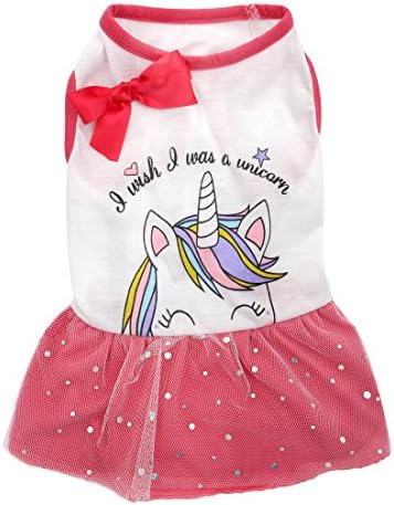 Mainstreet Spring Summer Dog Puppy Bow Dress Pink Unicorn Princess Star Printing Lace with Sequins for Small Dogs Soft Comfortable Outwear for Chihuahua Yorkshire