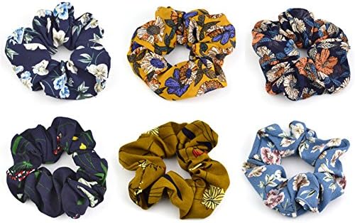 6 Pack Colorful Hair Scrunchies Elastic Hair Bands Chiffon Floral Fabric Flower Hair Ties (Style 3)