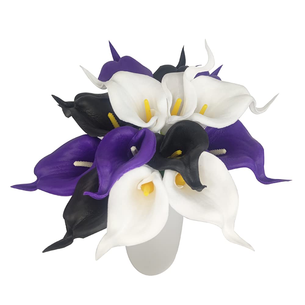 15pcs Fake Flower Calla Lily Artificial Flowers for Bridal Bouquet Wedding and Home Decoration (Black White and Purple)