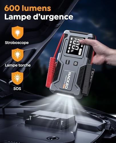 8000A Booster Batterie Voiture,Démarreur de Voiture (Jusqu’à 9 L Essence et 7 L Diesel),Jump Starter 12V avec Câbles de Démarrage Intégrés, Lampe LED et Écran LCD, Adapté aux Motos, SUV et Tondeuses