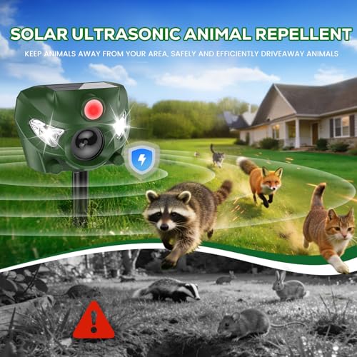 Ultrasonic Animal Deterrent Outdoor, Solar Power Cat Rodent Raccoon Repeller, Rabbit Snake Control Device with Motion Sensor and FIashing Light, Waterproof Outdoor Animal Device for Deer Squirrel