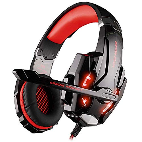 BIBOX G9000 Stereo Gaming Headset, Bass Surround Sound Over Ear Headphones 3.5mm Jack with Noise Cancelling Mic and LED Light for PC/PS4/Xbox One/Laptop with 1 to 2 Adapter Cable – Red