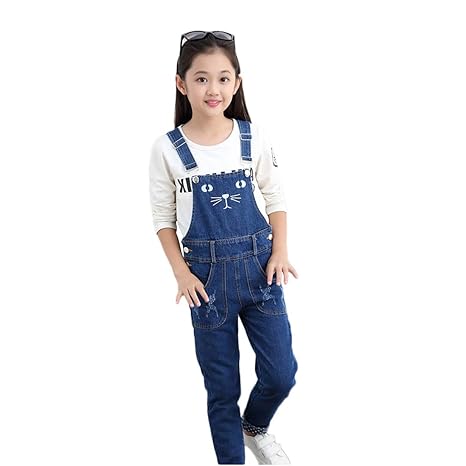 Mädchen Jeans Latzhose Katzen Bestickt Denim Freizeithosen Kinder Bib Pants Straight Leg Hosen Cargohose Overall Girl Pants R