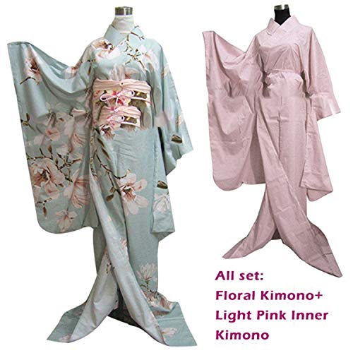 Women Japanese Light Floral Long Furisode Kimono Cosplay Costume Outfit,All Set 1,One Size