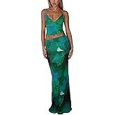 ksotutm Maxi Skirt Set Floral Print Halter Top Maxi Skirt Sexy Going Out Outfits for Women