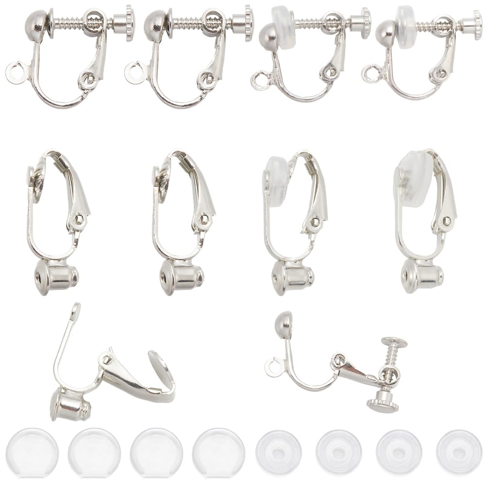 SUNNYCLUE 1 Box 32Pcs Screw Back Earring Converter Silver Clip on Earring Findings Bulk Brass Clip on Earring Components with Earring Pads Non Pierced Earring Clips for jewellery Making Supplies DIY