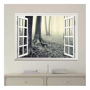 Modern White Window Looking Out Into a Gray Foggy Forest - Wall Mural, Removable Sticker, Home Decor - 24x32 inches