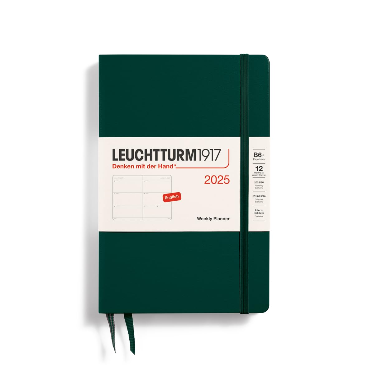 LEUCHTTURM1917 371017 Weekly Planner 2025, Paperback B6+ Hardcover - 12-Month Planner, Lined - Forest Green, English