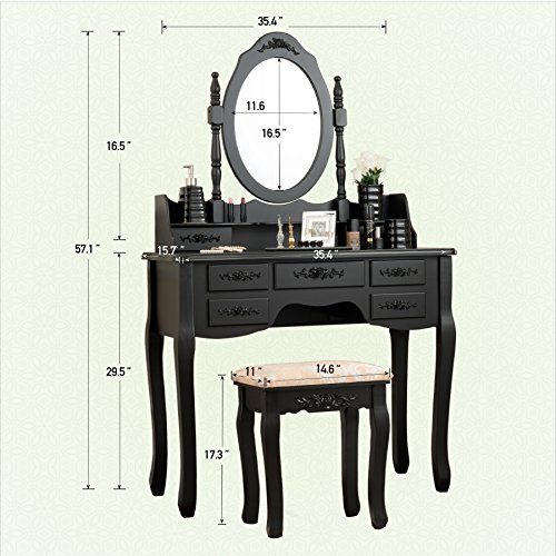 Fineboard FB-VT03-BKV Stool & Mirror Makeup 7 Organization Drawers Single Oval Mirror Make Up Vanity Table Set, Black