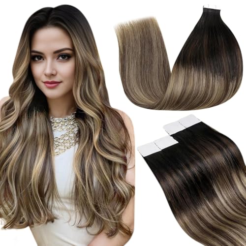 Laavoo Invisible Tape Extensions Echthaar Braun Ombre Echthaar Extensions Tape Schwarz Balayage Karamellblond Extensions Haarverlängerung Echthaar Tape Remy #1B/4/27 50G 20Pcs 40Cm