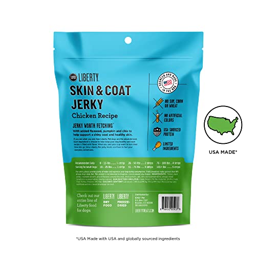 BIXBI LIBERTY SKIN & COAT SUPPORT CHICKEN JERKY DOG TREATS 5 OZ – USA MADE, GRAIN FREE, ANTIOXIDANT RICH TO SUPPORT SHINY, FULL BODIED COATS