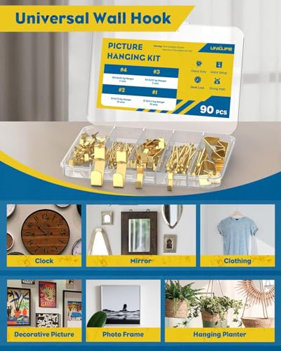 Uniclife Picture Hanging Kit 90 Pieces, 4.5 kg, 13 kg, 22 kg, 45 kg Reinforced Picture Holder for Drywall and Wood, Picture Hangers, Picture Hangers, Picture Hooks