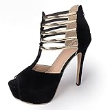 Figoo Platform Pump High Heels Black Peep Toe T-Strap