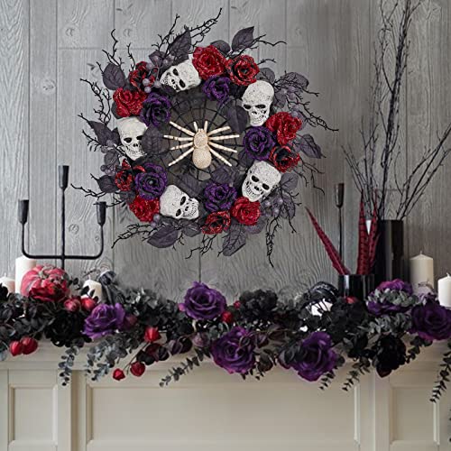 Vofuly 22inch Halloween Wreath for Front Door, Halloween Decor with Spider,Skulls and Rose for Indoor Outdoor Party Decor,Front Door Wall Wreath Ornaments Decorations,22 inch