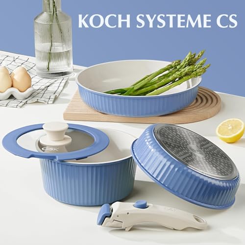 KOCH SYSTEME CS 19 Piece Non stick Ceramic Cookware Set, Pots and Pans Set with Detachable Handle, Induction Kitchen Cookware Sets, Cooking Pan Set with Removable Handle, RV Cookware Set, Blue