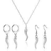 QLYOVWE Italian Horn Jewelry Set for Women Men 14K Gold Plated Cornicello Pendant Necklace Red Horn Pepper Earrings Good Luck Talisman Protection Jewelry Gifts