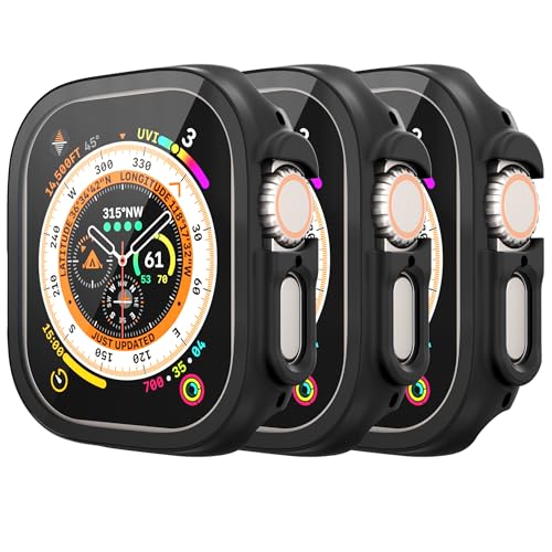 Mugust 3 Pack Case for Apple Watch Ultra 2 / Ultra 49mm Hard PC Case with Tempered Glass Screen Protector Waterproof Anti-Scratch Ultra-Thin Protective Cover for iWatch 49mm