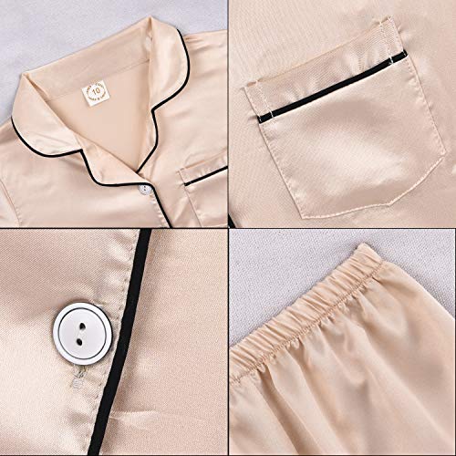 Kids Satin Pajamas Set Pjs Short Sleeve Button-Down Sleepwear Loungewear Set Girls Boys Pajamas Set Champagne