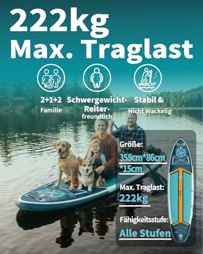 COOLCAA SUP Board, 355 cm (Extra Large) Stand Up Paddling Board, Inflatable Stand-Up Paddle Board with 86 cm Extra Wide, Fishing Paddleboard with Accessories & Carry Bag for Adults, 222 kg