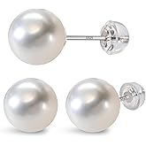 Nacréliser Natural Freshwater Pearl Stud Earrings, White AAA+ Grade, 925 Sterling Silver, Hypoallergenic Push Back Closure, Classic Minimalist Style