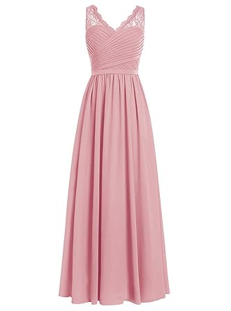 Brautjungfernkleider Spitze Lang A-Linie Chiffon Ballkleider V-Ausschnitt Ärmellos Abendkleider Hochzeit Kleider