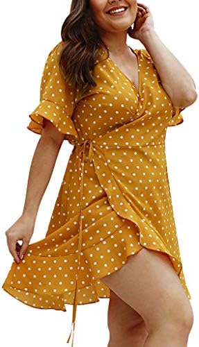 Womens A-Line Short Skirts Short Sleeve V-Neck Polka Dot Wrap Mini Dress Summer Holiday Dress Plus Size