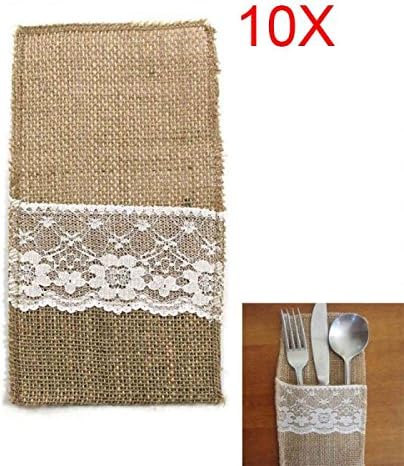 10pcs Hessian Burlap Lace Tableware Pouch Cutlery Holder Wedding Decoration For Party -Ez2Shop