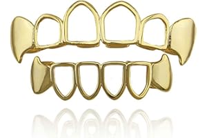 Psivika Gold Teeth Grillz Open Face Outline 6 Teeth Vampire Fangs Grillz for Men and Women