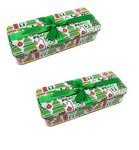 Christmas Cookie Tins With Lids For Gift Giving - Empty Candy Treat Swap Containers Snack Exchange Boxes Cerebrate a Holiday Party Favors Box 2 Pack Rectangular with Ribbon (Holiday Words) - Thumbnail 2
