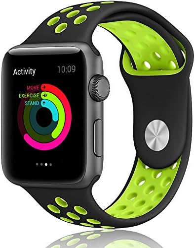 Apple Watch Band,LOHG 42mm Soft Silicone Bracelet iwatch Bands Sport Replacement Strap Wristband with Ventilation Holes for Apple Watch Nike+, Apple Watch Series 1/2 (( 42MM -- Black / Volt Green))