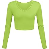 Kindcall V Neck Crop Tops Long Sleeve Shirts Slim Fit Base Layer for Women