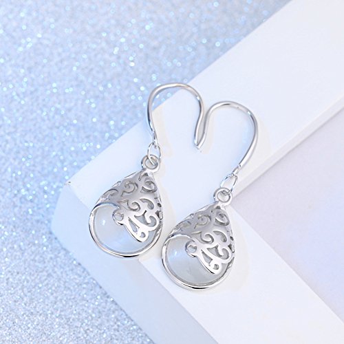 S925 Silver Earrings Solid Sterling Silver Polished Teardrop Cat's Stone Vintage Dangles
