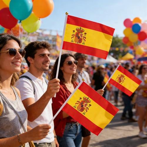16 Pieces Hand Flag Spain Stick with Small Flag 30 cm – Ideal for World Cup, European Cup, Sports Events, Celebrations, Parades, National Parties and Entertainment