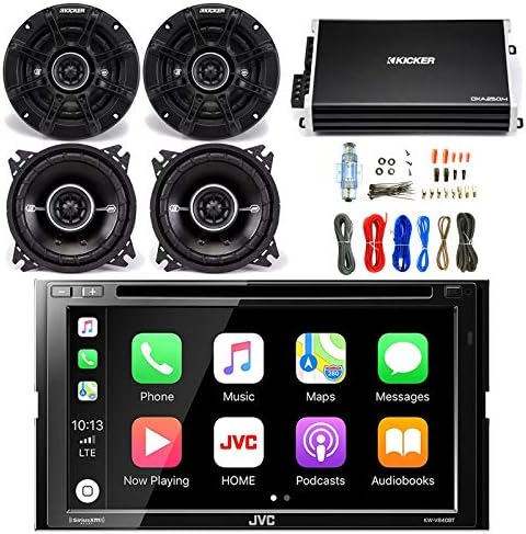 JVC 6.8 Inch LCD Touchscreen Double DIN Bluetooth Car Stereo Receiver with Kicker 2-Way Car Audio Stereo Coaxial Speakers 2-Pairs & Kicker Power Amplifier & Enrock Amplifier Wiring Installation Kit
