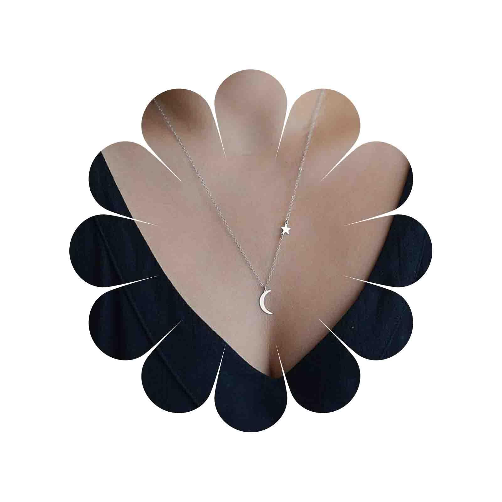 Yienate Dainty Moon Star Pendant Necklace Chain Fashion Charm Boho Necklace Jewelry for Women and Girls (Silver)