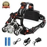 LED Headlamp Flashlight Kit, Portable Rechargeable Waterproof Adjustable Brightest Headlight, 10000-Lumen Head Light with 18650 Rechargeable Batteries for Hunting Fishing Camping Night-Work (3 Bulbs)