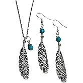 Feather Necklace & Earring Set, with turquoise stone accent beads, on a 24 inch stainless steel chain and sterling silver earwires