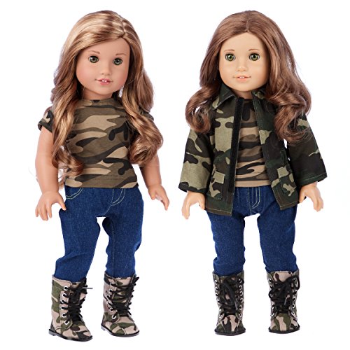 DreamWorld Collections - Military Style - 18 inch Doll Clothes - 4 Piece Outfit - Camouflage Jacket, t-Shirt, Stretchy Jeans Camouflage Boots (Dolls not Included)