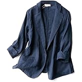 Kinghua Women's Casual One Button Linen Blazer Jackets Lapel 3/4 Sleeve Suit Blazer