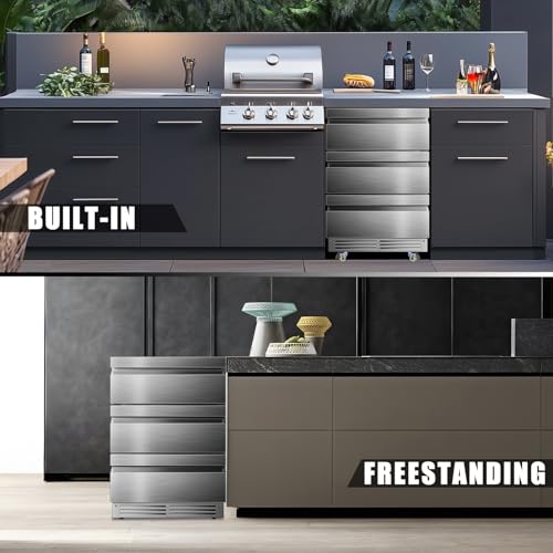 Velieta 24 Inch Upgraded Three-Drawer Beverage Fridge, Weather Proof Outdoor Stainless Steel Beverage Refrigerator, Under Counter Built-in Beverage Cooler for Home & Commercial Use