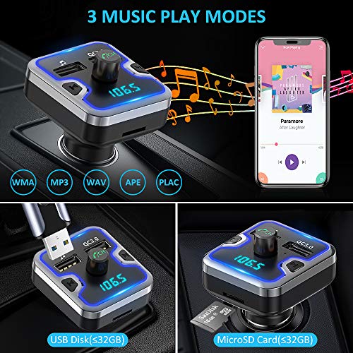 Bluetooth FM Transmitter for Car, Comsoon 7 Colors LED Backlit Bluetooth Car Adapter, Bluetooth Receiver Car Kit with Hands-Free Calling, QC3.0 Car Charger, Support USB Disk, microSD Card (Black)