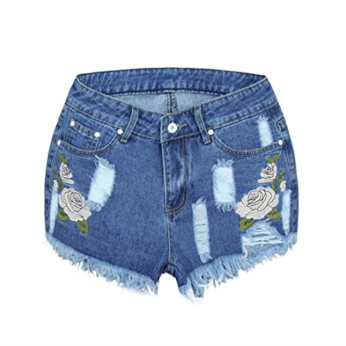 PHOTNO Women Loose High Waist Denim ripped jeans shorts (S, Blue)