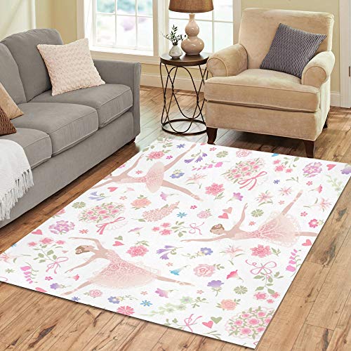 Dancing Ballerinas With Pink Glorious Rose Flower Large Custom Non-slip Modern Floor Area Rug Pad Mat Oriental Commercial Carpet For Basement Bedroom Living Room Kitchen Home Decor 5' X 7' Indoor