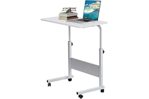 HENF Mobile Laptop Computer Desk Cart Height Adjustable Laptop Table Desk with Wheels Rolling Laptop Stands Sofa Side Table Portable Tray Table for Couch Bed Sofa Home Office (White-L)