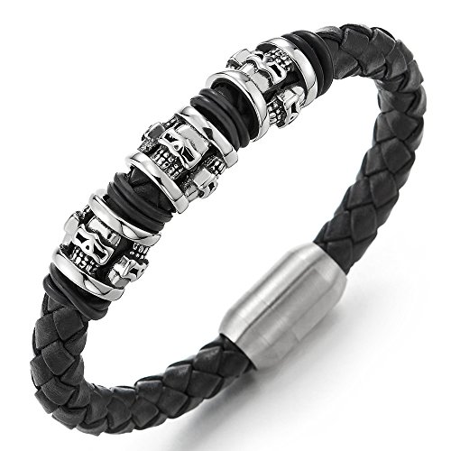 COOLSTEELANDBEYOND Mens Steel Skull Charms Black Braided Leather Bracelet Bangle Wristband with Magnetic Clasp