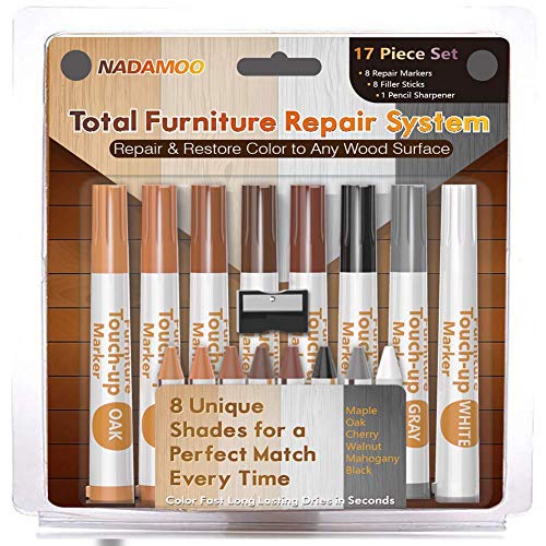 NADAMOO Furniture Markers Touch Up, Set of 17, 8 Markers and 8 Wax Sticks and 1 Sharpener, Wood Scratch Repair Pen for Hardwood Floor Wood Stain, White, Black, Gray, Cherry, Maple, Oak - Thumbnail 2