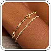 Jugielu Vintage Layered Heart Bracelet Small Round Beads Satellite Bracelet Gold Hollow Heart Love Hand Chain Adjustable Layered Beaded Chain Bracelets Anklet Wrist Jewelry for Women